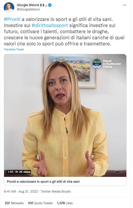 Video Giorgia Meloni sport e devianze giovanili