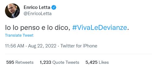 Tweet #vivaledevianze Enrico Letta PD