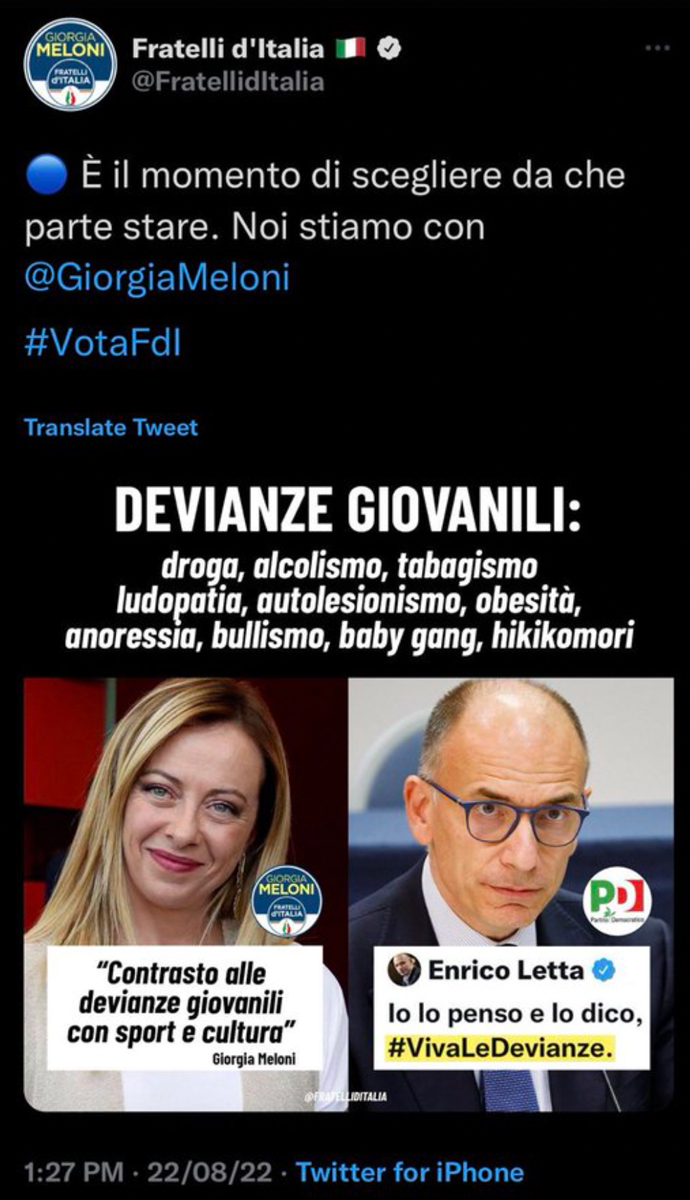 Tweet eliminato Meloni Fratelli D'Italia Devianze giovanili
