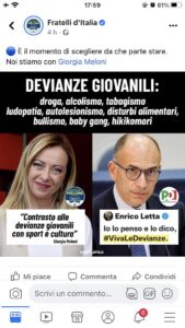 Tweet Meloni Fratelli D'Italia Devianze giovanili disturbi alimentari